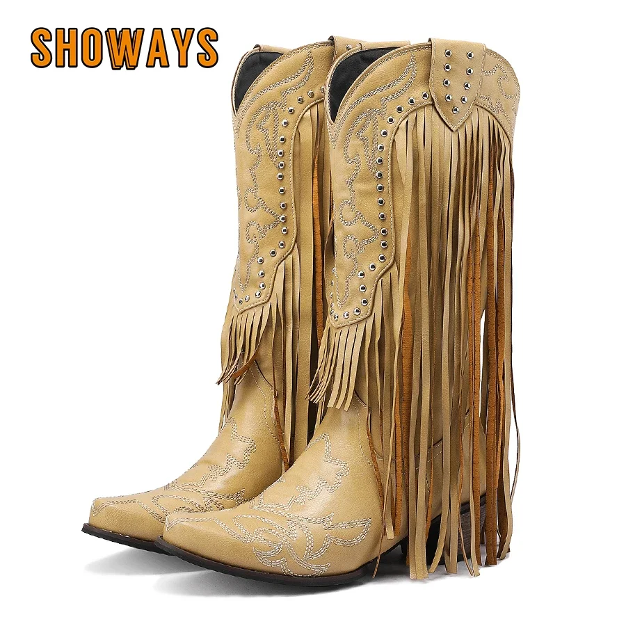 Embroidery Yellow - Fringe Rivet Western Women Mid-calf Boots