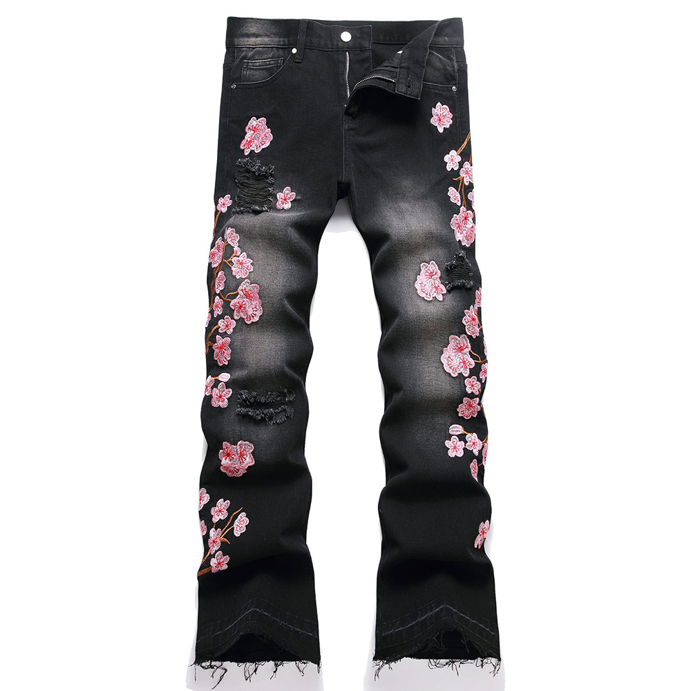 Embroidery Jeans Sakura - Men Sakura Embroidery Denim Jeans Streetwear