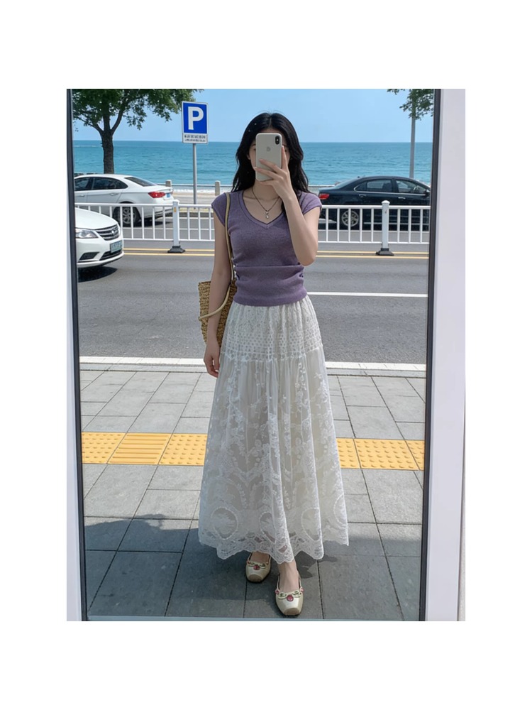 plus Size Lace Trim Mesh Half  - огляд і ціна Embroidery Skirt