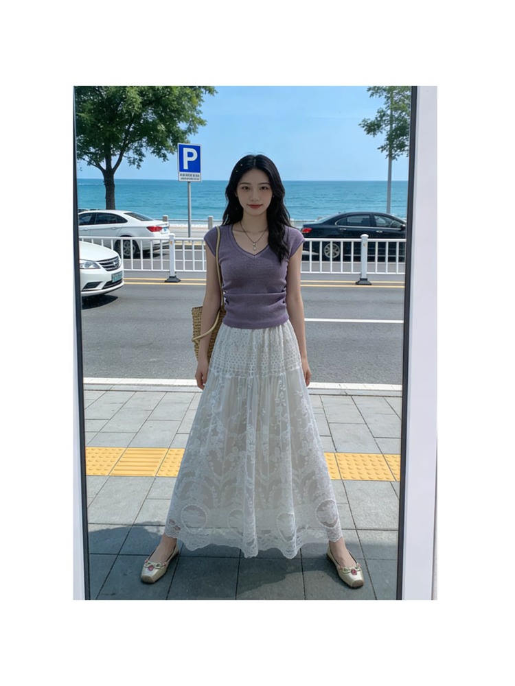 plus Size Lace Trim Mesh Half  - огляд і ціна Embroidery Skirt