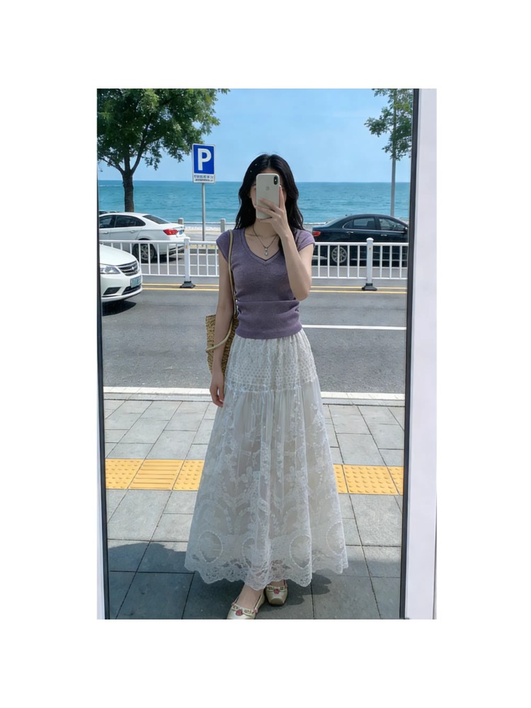 plus Size Lace Trim Mesh Half  - огляд і ціна Embroidery Skirt