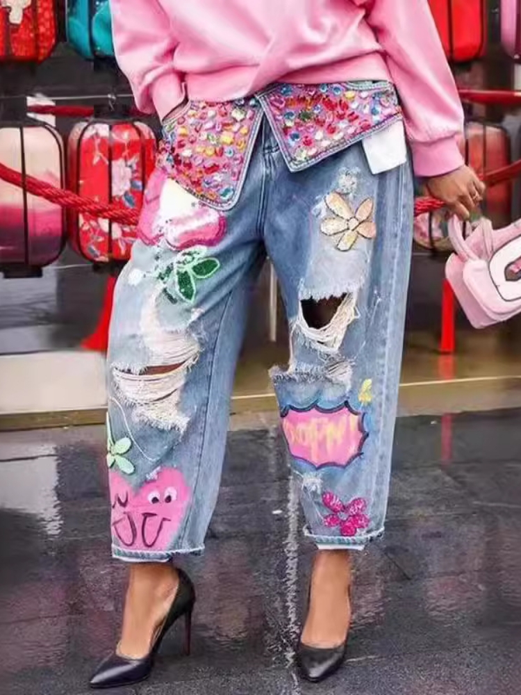 Chic Women Spring Floral Embro - огляд і ціна Embroidery Jeans Sakura