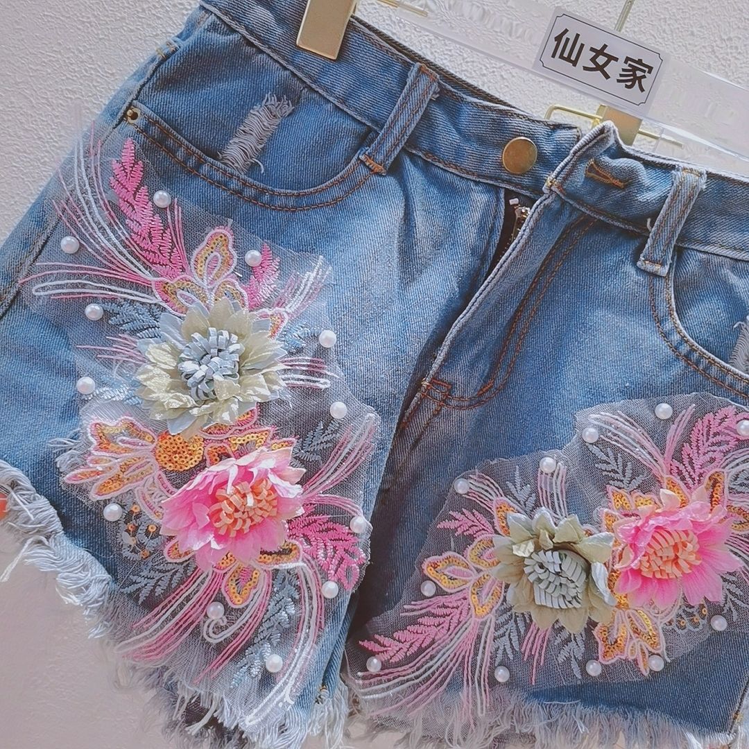 Korean Fashion Women Summer De - огляд і ціна Embroidery Jeans Sakura